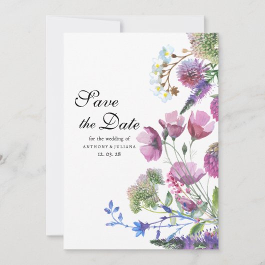 ピンク色の紫色の野花の夏の日付を保存 招待状 (正面)