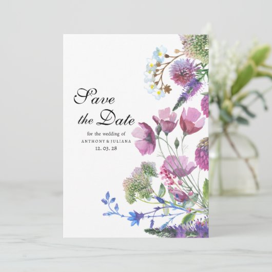 ピンク色の紫色の野花の夏の日付を保存 招待状 (スタンド正面)