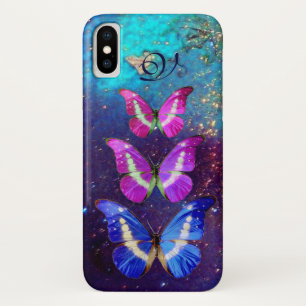 ピンク色の紫色の青い蝶の金ゴールドきらめき iPhone X ケース