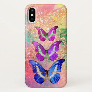 ピンク色の紫色の青い蝶の金ゴールドきらめき iPhone X ケース
