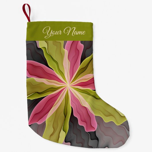 ピンク色の緑のアントラサイトファンタジーフラワーフラクタル名 スモールクリスマスストッキング (正面)
