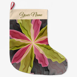 ピンク色の緑のアントラサイトファンタジーフラワーフラクタル名 ラージクリスマスストッキング