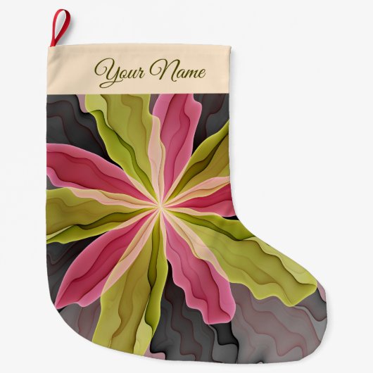 ピンク色の緑のアントラサイトファンタジーフラワーフラクタル名 ラージクリスマスストッキング (正面)