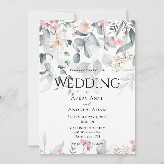 ピンク色の緑のフローラ結婚ズ 招待状 (正面)