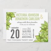 ピンク色の緑のモダン多肉植物の写結婚真 招待状 (正面)