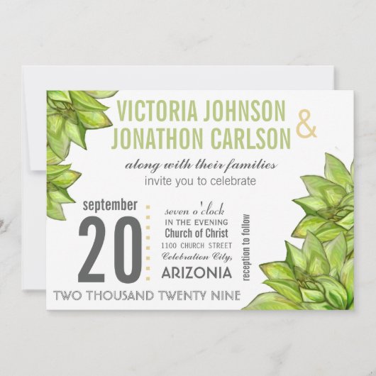 ピンク色の緑のモダン多肉植物の写結婚真 招待状 (正面)