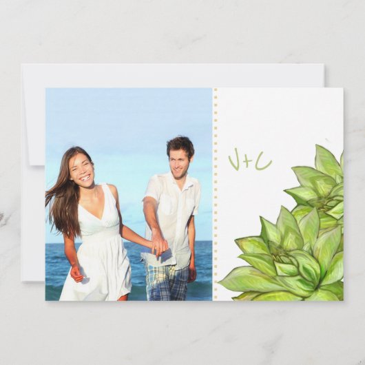 ピンク色の緑のモダン多肉植物の写結婚真 招待状 (裏面)