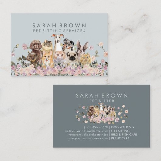 ピンク色の緑の花ペットドッグキャッツ 名刺 (正面/裏面)