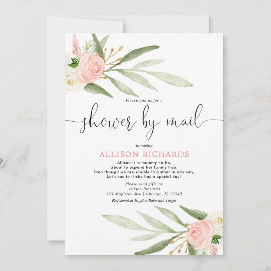 ピンク色の緑の金ゴールドのベビーシャワー（郵便娘） 招待状 (正面)