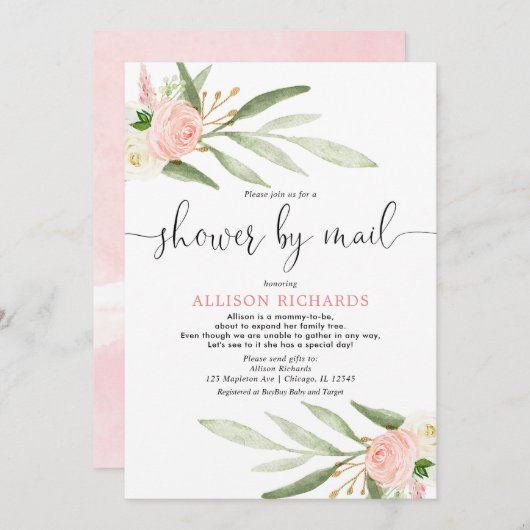 ピンク色の緑の金ゴールドのベビーシャワー(郵便娘) 招待状 (正面/裏面)