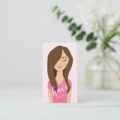 ピンク色の美容師の茶色の髪の美容師 名刺 (スタンド正面)