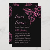 ピンク色の羽毛のある蝶のSweet sixteenオンブラック 招待状 (正面/裏面)