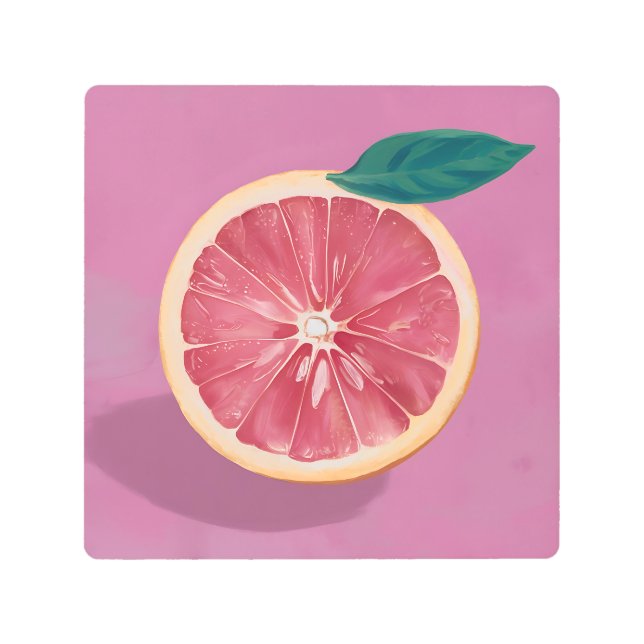 ピンク色の背景にグレープフルーツ鮮やかと新鮮な メタルプリント (正面)