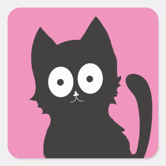 ピンク色の背景に可愛らしい黒い漫画 スクエアシール (正面)