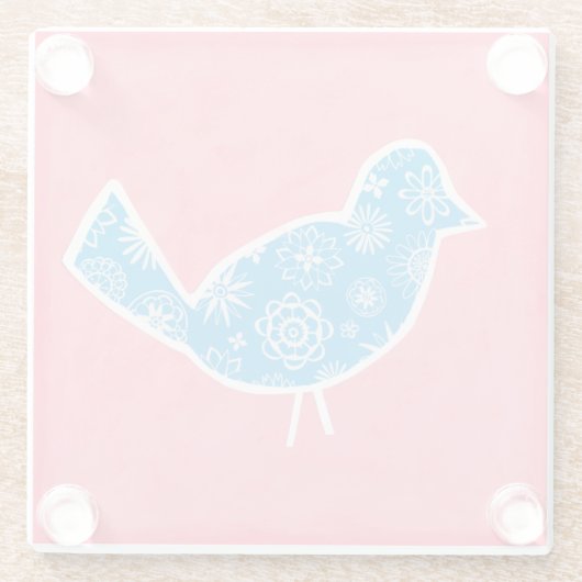 ピンク色の背景に模様が入った装飾鳥 ガラスコースター (裏面)