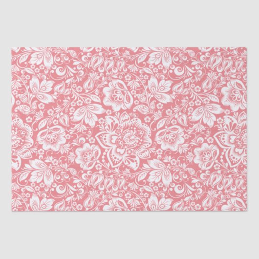 ピンク色の背景に白いヴィンテージダマスク 薄葉紙 (正面)