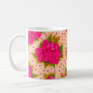 ピンク色の背景に紫のバラ淡い色のの花束 コーヒーマグカップ