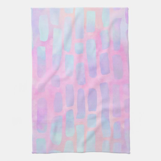 ピンク色の背景に青い四角形を表示 キッチンタオル (縦)