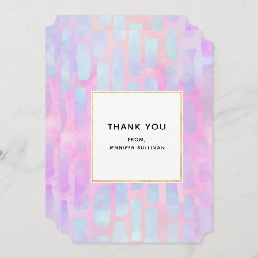 ピンク色の背景に青い四角形を表示 サンキューカード (正面/裏面)