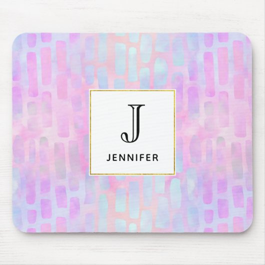 ピンク色の背景に青い四角形を表示 マウスパッド (正面)