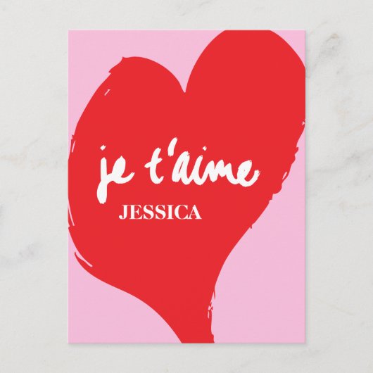 ピンク色の背景にje'aime-文字を持つ赤いハート ポストカード (正面)