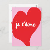 ピンク色の背景にje'aime-文字を持つ赤いハート ポストカード (正面/裏面)