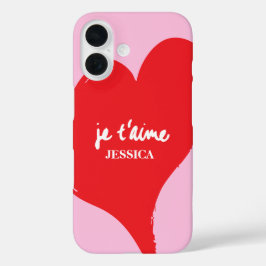 ピンク色の背景にje'aime-文字を持つ赤いハート iPhone 16ケース