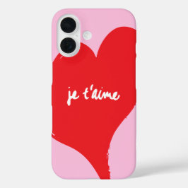 ピンク色の背景にje'aime-文字を持つ赤いハート iPhone 16ケース