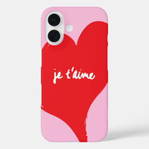 ピンク色の背景にje'aime-文字を持つ赤いハート iPhone 16ケース