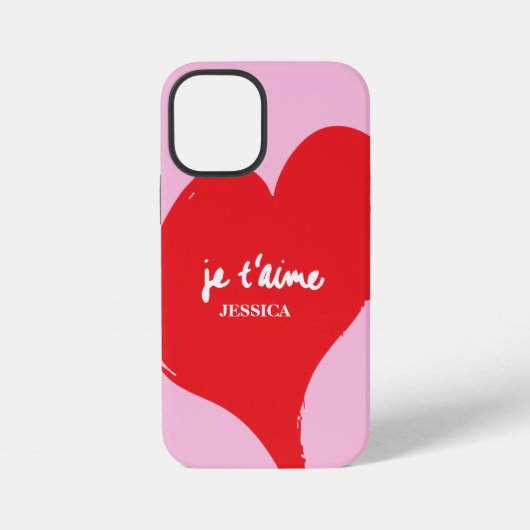 ピンク色の背景にje'aime-文字を持つ赤いハート iPhoneケース (裏面)