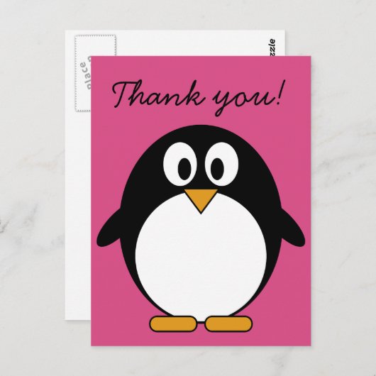 ピンク色の背景を持つ可愛いマンガペンギン ポストカード (正面/裏面)