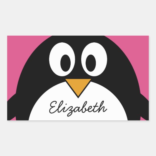 ピンク色の背景を持つ可愛いマンガペンギン 長方形シール (正面)