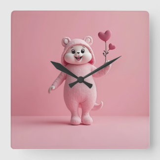 ピンク色の背景時計 スクエア壁時計