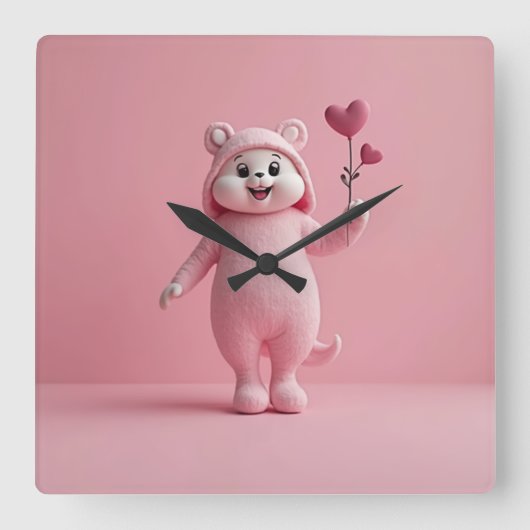 ピンク色の背景時計 スクエア壁時計 (正面)