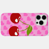 ピンク色の背景(赤いハートと2さくらんぼ) Case-Mate iPhoneケース (裏面 (横))