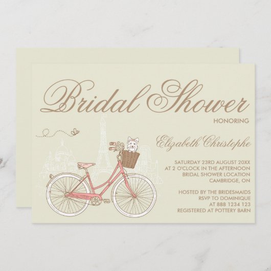 ピンク色の自転車に乗ったテリアのブライダルシャワー招待状 招待状 (正面/裏面)