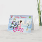 ピンク色の自転車の冬のクリスマスにかわいい女の子 カード (正面)