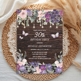 ピンク色の花々蝶素朴木30th 招待状