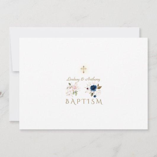 ピンク色の花が双子を横切る写真バプテスマ 招待状 (裏面)