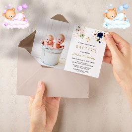 ピンク色の花が双子を横切る写真バプテスマ 招待状