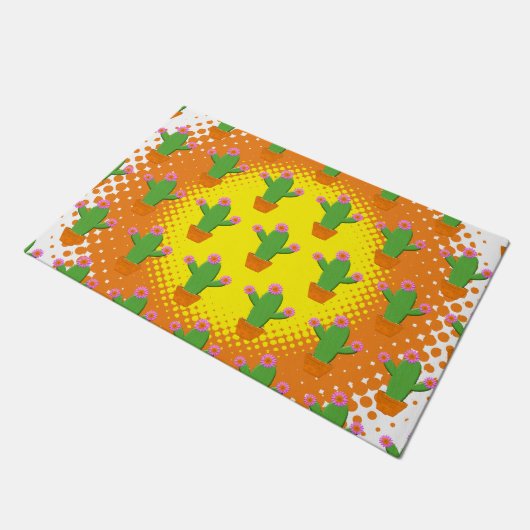 ピンク色の花が咲くかわいいカボテンの模様 ドアマット (アングル)