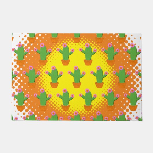 ピンク色の花が咲くかわいいカボテンの模様 ドアマット (正面)