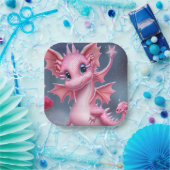 ピンク色の花が咲くかわいいピンクの竜 ペーパープレート (パーティー)