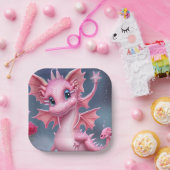 ピンク色の花が咲くかわいいピンクの竜 ペーパープレート (パーティー)