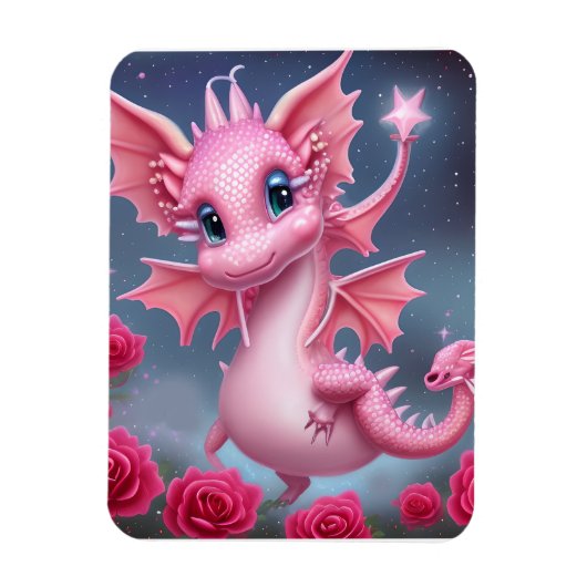 ピンク色の花が咲くかわいいピンクの竜 マグネット (縦)