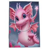 ピンク色の花が咲くかわいいピンクの竜 ミディアムペーパーバッグ (正面)