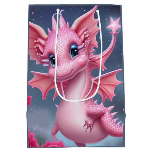 ピンク色の花が咲くかわいいピンクの竜 ミディアムペーパーバッグ (裏面)