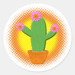 ピンク色の花が咲くかわいいマンガのサボテン ラウンドシール