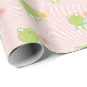 ピンク色の花が咲くかわいい小さなストライプカエル ラッピングペーパー (ロールコーナー)