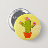 ピンク色の花が咲くかわいい漫画絵画サボテン 缶バッジ (正面&裏面)